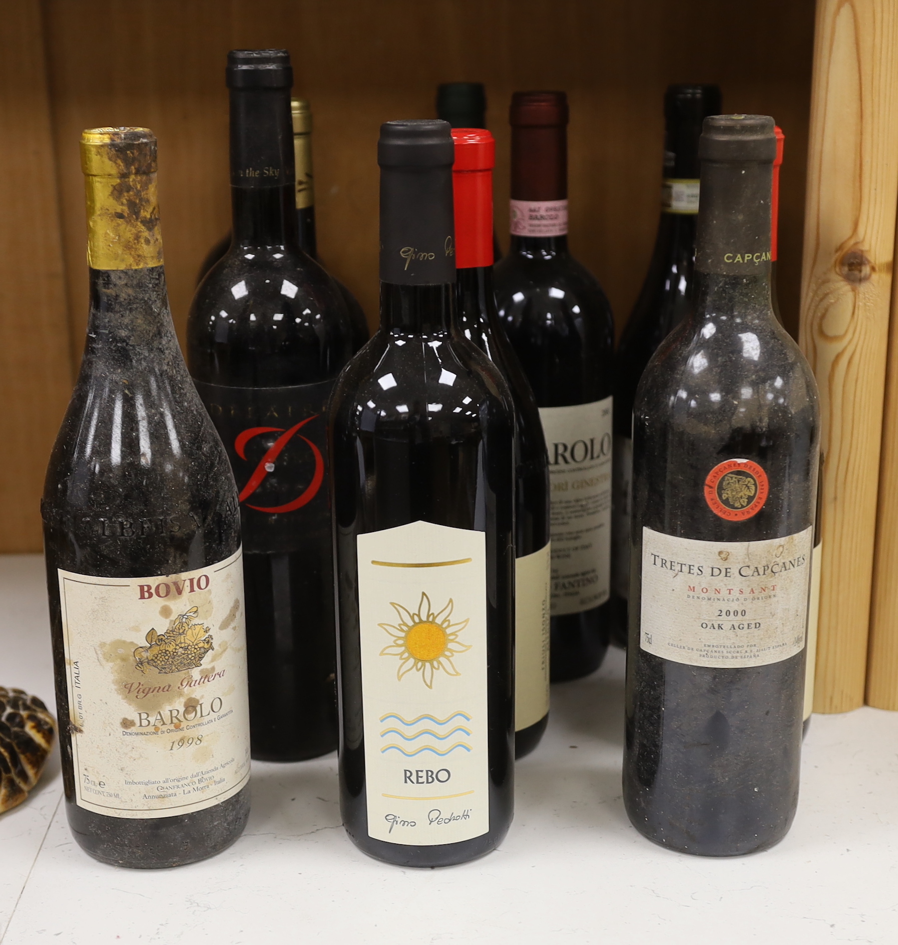 Eleven bottles of various wines to include a bottle of Tretes de Capcanes oak aged 2000 wine, a bottle of Barolo 1998 and nine other assorted wines